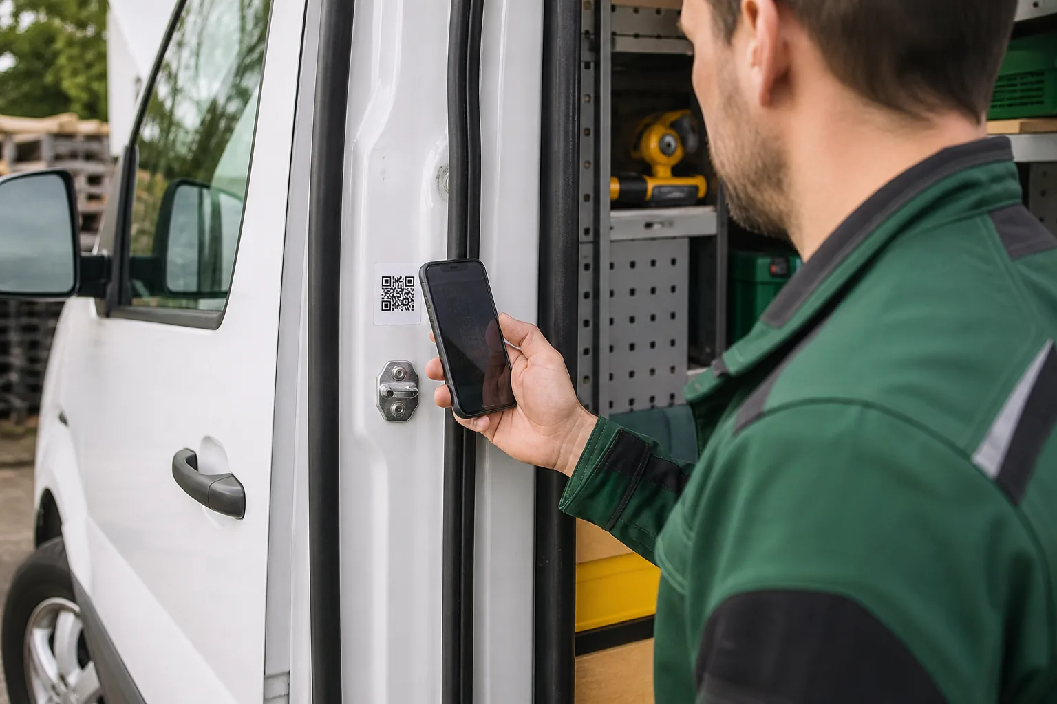 Mitarbeiter scannt QR-Code am Servicefahrzeug