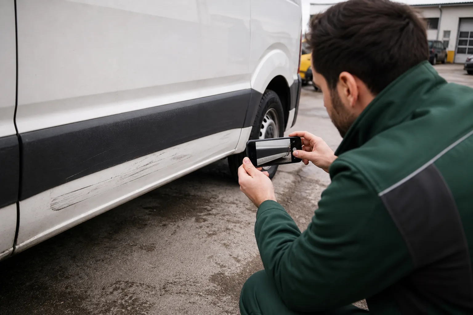 Fahrer fotografiert einen Schaden direkt am Firmenfahrzeug